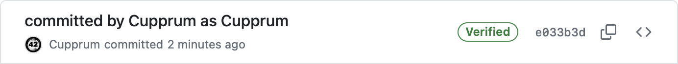 Picture of SIGNED commit on GitHub, the commit shows that its created by Cupprum and that the commit is verified.